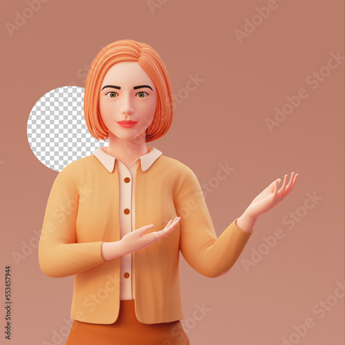 cute girl pointing use both hand, 3d character illustration