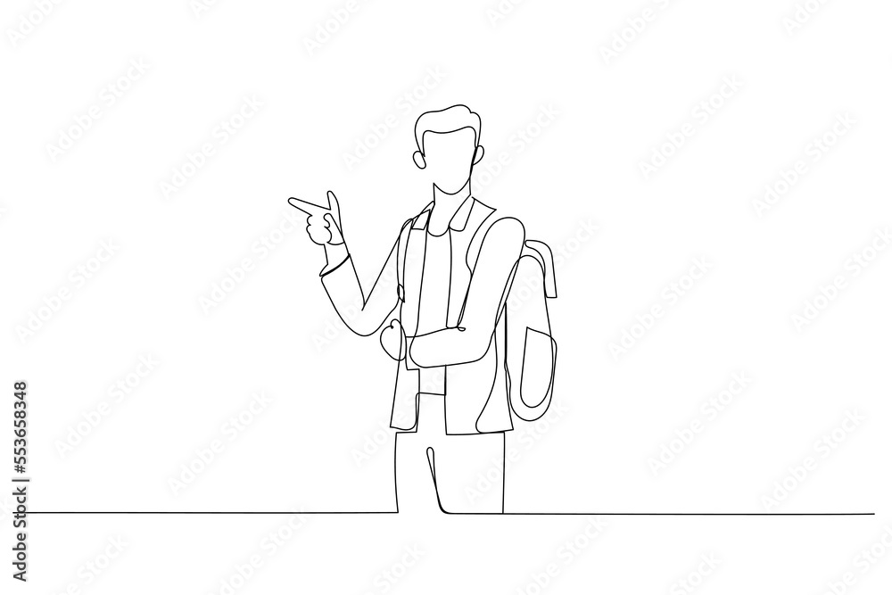 Cartoon of young man pointing, surprised by something or someone. One continuous line art style Cartoon of young man pointing, surprised by something or someone. One continuous line art style