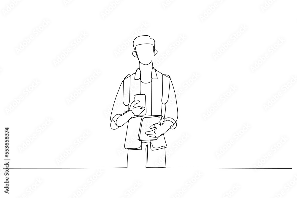 Illustration of young man having note and using phone generating ideas while surfing net. Single line art style