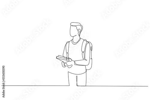 Drawing of young male college student holding books and wear backpack. Single continuous line art style
