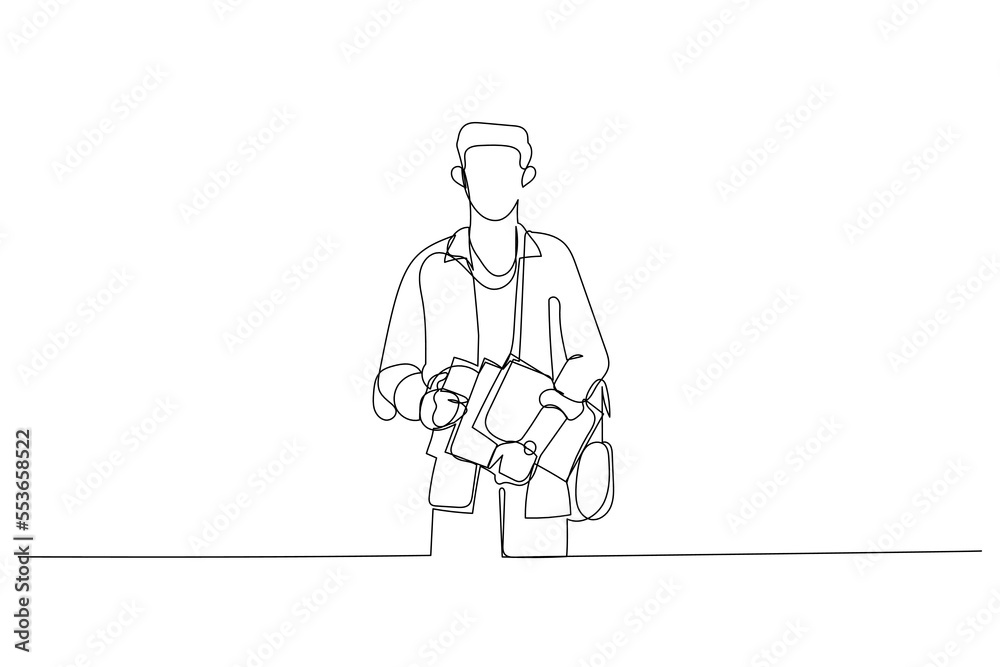 Cartoon of asian student with a confident look wearing backpack ready to go to class. Single line art style Cartoon of asian student with a confident look wearing backpack ready to go to class. Single line art style