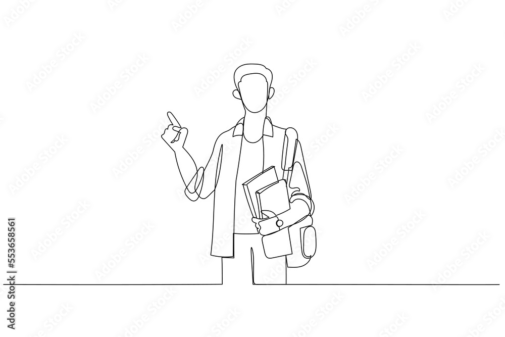 Cartoon of student in casual clothes glasses with backpack hold books pointing index finger up. One line style art