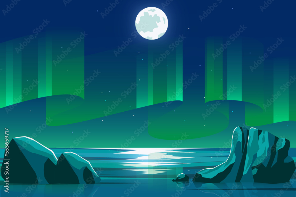 Sea ocean scenery at night with green aurora background vector illustration
