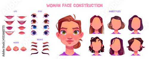 Woman face construction set. Avatar generator with different female hairstyles, blue, brown and green eyes, noses, brows and lips various shapes, vector cartoon set isolated on white background © klyaksun