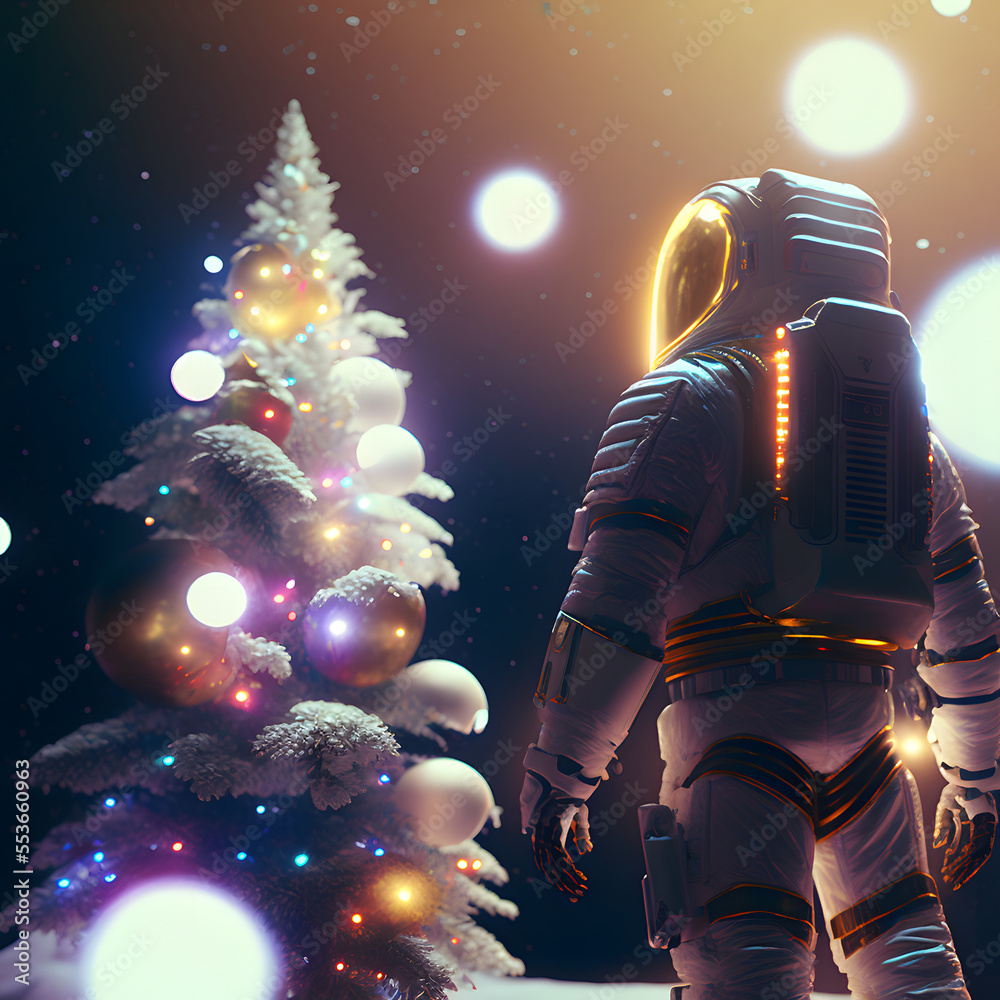 astronaut in white space suit stands next to a christmas tree decorated  with planets, low angle