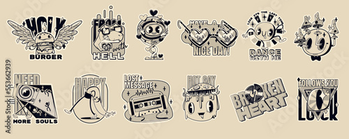 Monochrome retro stickers set isolated on beige background. Contemporary vector illustration of abstract icons with psychodelic emoji, mushroom, dinosaur, pizza, burger characters, casette tape, TV