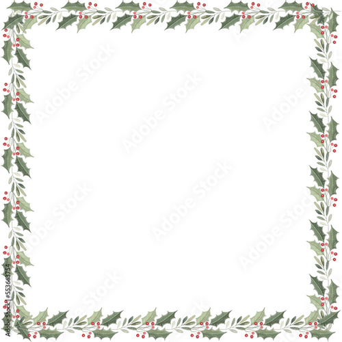decorative frame with holly, berries and red ribbon