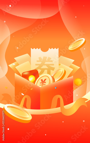 Financial planning scene, the background is a gift box with a lot of gold coins and various coupons, vector illustration