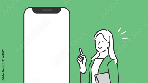 スマートフォンの画面を指差しして説明をするビジネスパーソンのイラスト素材