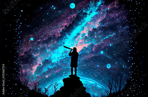 Canvas Print Fantastic astronomer with a telescope watching at the stars and Moon