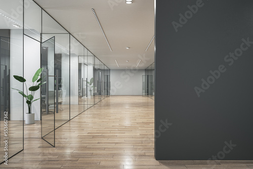 Print op canvas Modern glass office corridor with empty mock up place on dark wall, furniture and wooden flooring