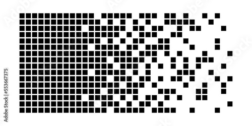 Pixel disintegration background. Halftone fragment. Dispersed dotted pattern. Concept of disintegration. Square pixel mosaic textures with square particles. Vector illustration on white background.