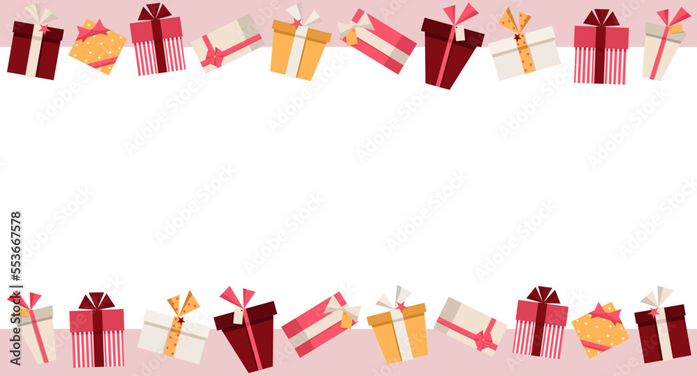 Fototapeta premium Pink,red and orange banner with gift boxes with copy space. Simple shapes for New Year, Christmas, birthdays, weddings, Valentine’s Day. Stylish minimalistic collection for design