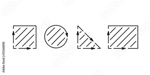 Measure area of shape square, triangle, circle and rectangle, size inside m2 icon. Measuring surface dimension sign. Dimension of place with length and width arrow. Quantity square metre of space