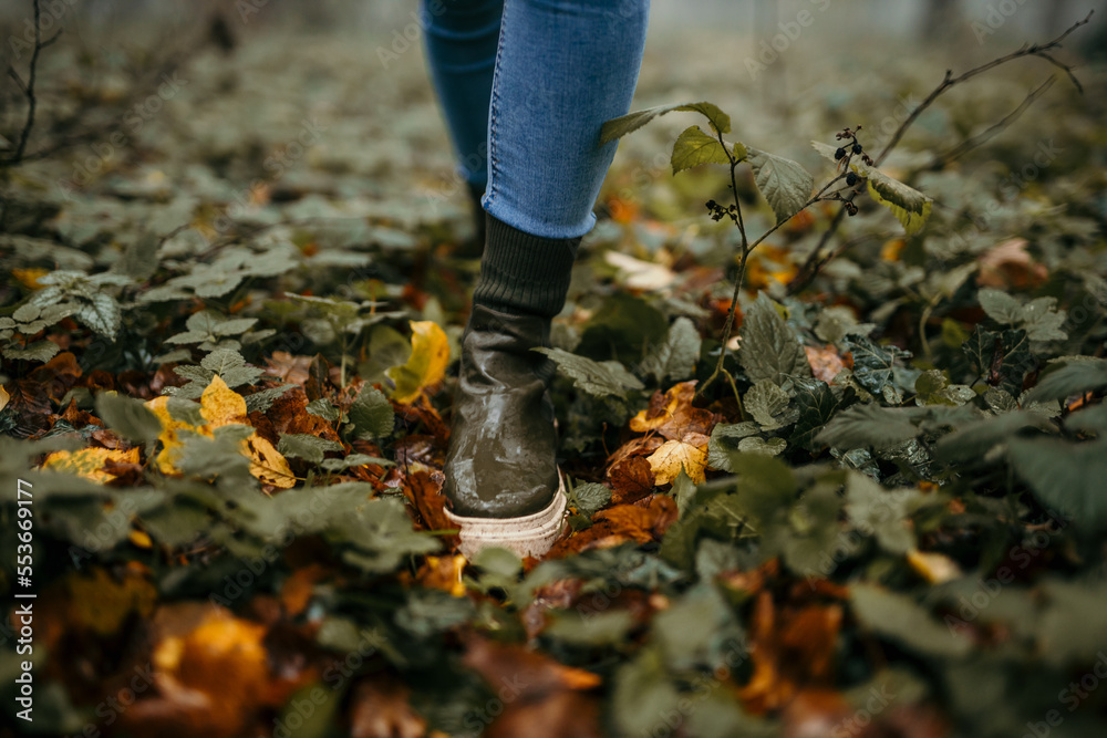 Focus on a female foot in rain boots walking through the forest with autumn leaves on the ground. Focus on a female foot in rain boots walking through the forest with autumn leaves on the ground.