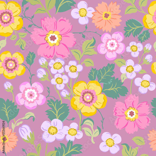 Seamless pattern with delicate pink, yellow and purple flowers on a soft pink background. Romantic floral print, botanical composition with large flower buds, leaves, branches.
