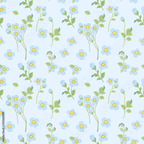 A pattern of delicate purple flowers with yellow inflorescences and green stamps on a pastel blue background. Abstract spring flower for wrapping paper, canvas and printed surface design.