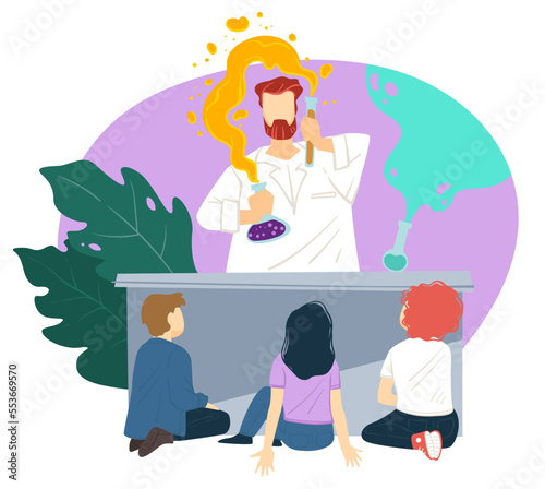 Kids watching teacher doing chemical experiments
