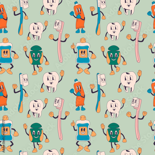 Seamless pattern with Dental instruments and teeth hygiene items in retro cartoon style illustration, vintage character vector illustration . Toothpaste, brush, floss, mouthwash, tooth