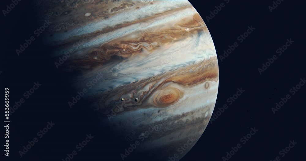 Gas planet Jupiter and it's moons Io and Europa passing over Jupiter's detailed surface. Planet rotating and moons moving seen like sharp telescope time lapse shot. 3D rendering animation.