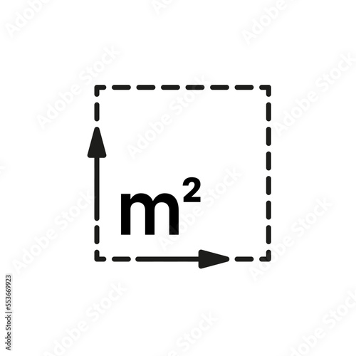 Square meter, size surface m2 icon. Measuring area dimension sign. Measure of place with length and width arrow. Quantity square metre of space. Vector photo