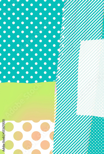 ハガキサイズの背景模様、パッチワーク模様のイラスト、ポストカードサイズの背景イラスト、ストライプとドット模様のバックグラウンド