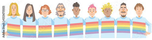Different gender identity people wearing rainbow color shirts arms around each other's shoulders. Vector illustration in flat cartoon style.