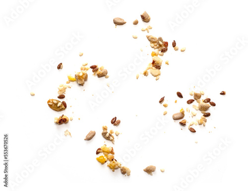 Abstract scattered cereals, seeds, muesli, grains on white background, top view