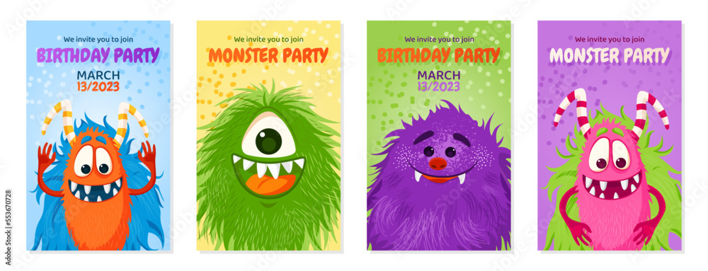 Birthday invitation card set with funny cute monsters. - obrazy, fototapety, plakaty 