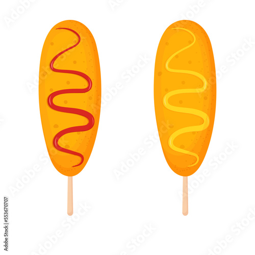 Korean street food. Fast food corn dog with ketchup and mustard isolated on white background. 