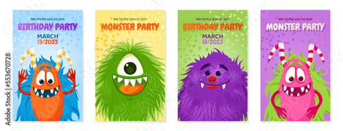 Birthday invitation card set with funny cute monsters.