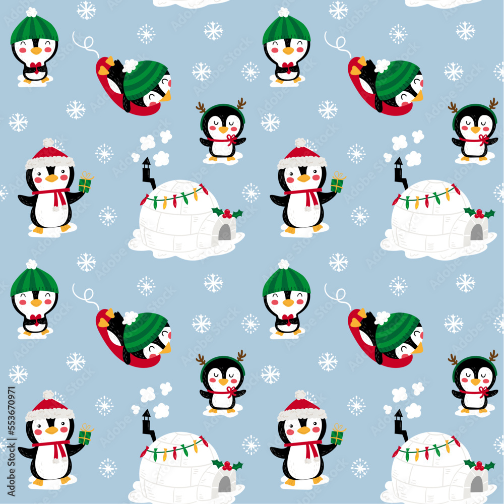 Illustration of a seamless pattern with penguins and an igloo playing in the snow