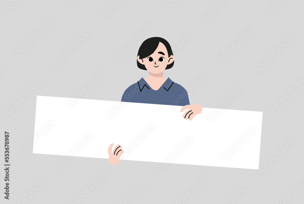 Girl holding displaying white blank board. Happy woman showing blank signboard with copyspace area for your text or slogan. Banner, poster. Flat vector illustrations. Girl holding displaying white blank board. Happy woman showing blank signboard with copyspace area for your text or slogan. Banner, poster. Flat vector illustrations.