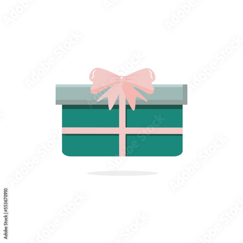 Green color surprise gift box with soft pink ribbon isolated on white background. Can be used for symbols, icons, signs, Christmas, valentine, birthday and business themes
