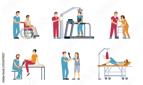 rehabilitation. orthopedic clinic for disabled people rehabilitation therapy exercises physical activity. Vector cartoon peoples photo
