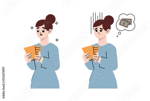 Woman happy and worried about paying Bills. Hand drawn style vector design illustrations.