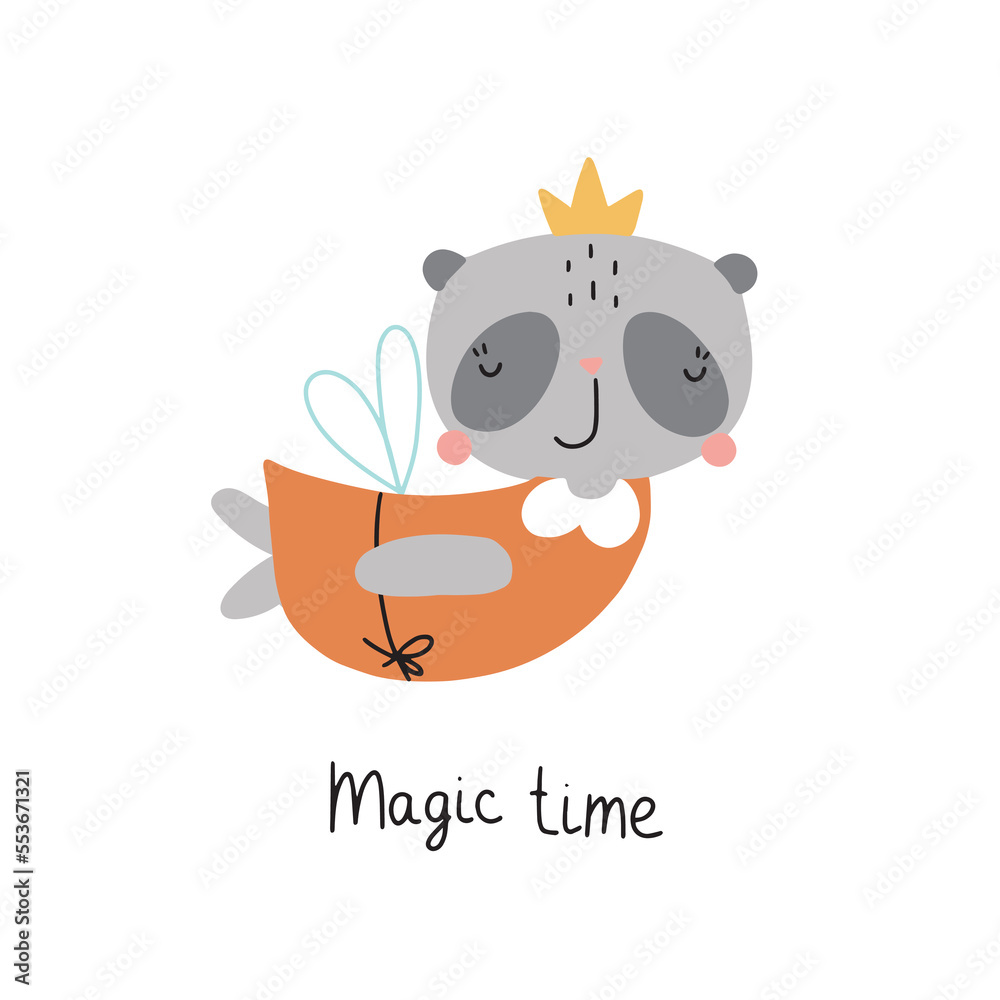 Vector cute card with smiling panda. Illustration with funny cartoon character with handwritten quote: Magic time. Vector cute card with smiling panda. Illustration with funny cartoon character with handwritten quote: Magic time.