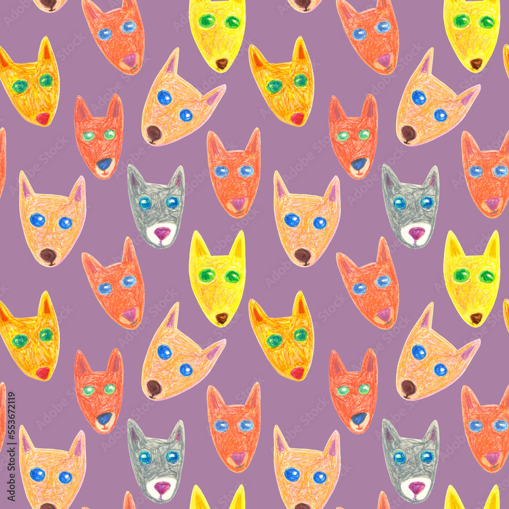 Seamless pattern of multicolored faces of fox drawn with wax crayons on a lilac background. For fabric, sketchbook, wallpaper, wrapping paper. Seamless pattern of multicolored faces of fox drawn with wax crayons on a lilac background. For fabric, sketchbook, wallpaper, wrapping paper.