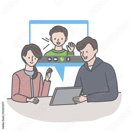 タブレットを使って子供とビデオ通話をする若い夫婦