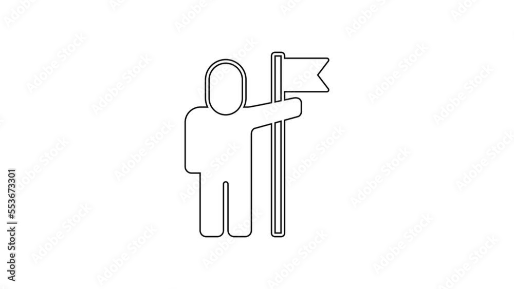 Black line Man holding flag icon isolated on white background. Victory, winning and conquer adversity concept. 4K Video motion graphic animation Black line Man holding flag icon isolated on white background. Victory, winning and conquer adversity concept. 4K Video motion graphic animation