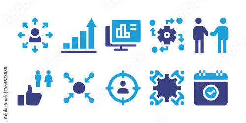 Business icon set. Vector illustration. Containing impact, benefits, opportunity, relationship, analytics, business ethics, meeting, customer, centralized, calendar