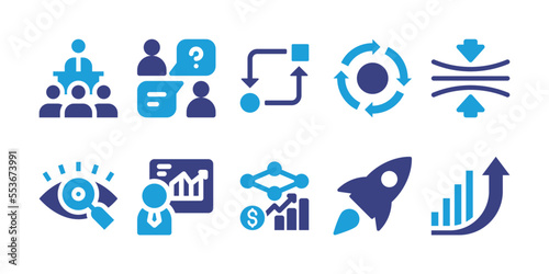 Business icon set. Vector illustration. Containing conference, business, transformation, resilience, interview, graph, data analytics, vision, rocket, modeling