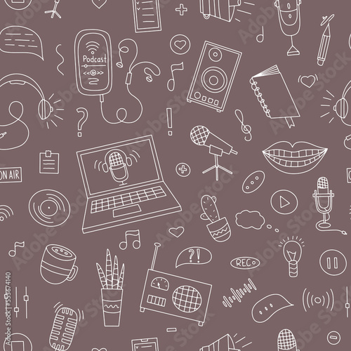 Seamless pattern podcast doodle with electronic symbols, handwritten lettering. Concept and design of online education. Translation vector.