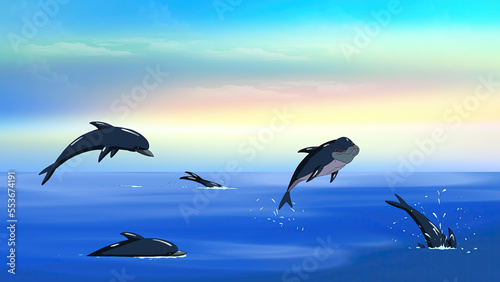 Dolphins in a sea illustration