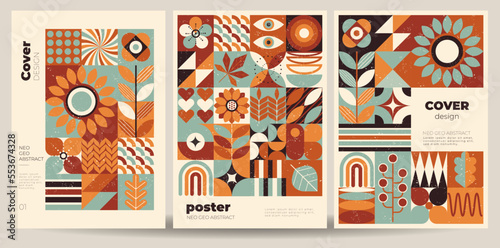 Set of vector illustrations with colorful abstract geometric shapes and grange texture. Simple minimalist neo geo design. Useful for cover, flyer, poster, prints.