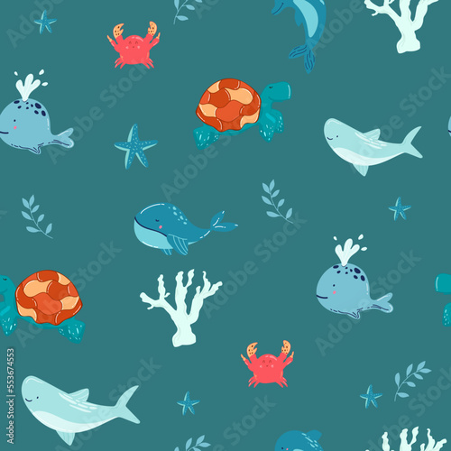 Vector hand-drawn colored childish seamless repeating simple flat pattern with whales in scandinavian style on a white background. Cute baby animals. Pattern for kids with whales. Sea. Ocean