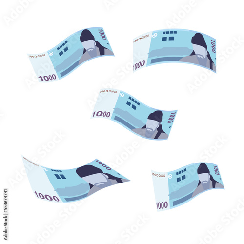 South Korean Won Vector Illustration. South Korea money set bundle banknotes. Falling, flying money 1000 KRW Flat style. Isolated on white background. Simple minimal design.