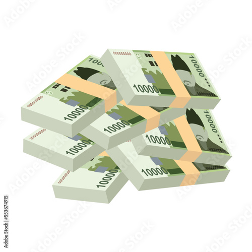 South Korean Won Vector Illustration. South Korea money set bundle banknotes. Paper money 10000 KRW. Flat style. Isolated on white background. Simple minimal design.