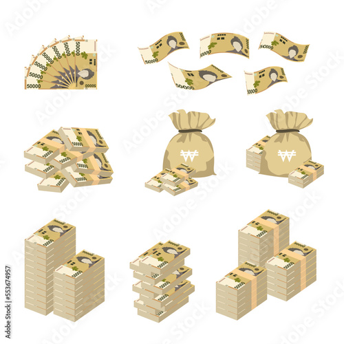 South Korean Won Vector Illustration. Huge packs of South Korea money set bundle banknotes. Bundle with cash bills. Deposit, wealth, accumulation. Falling money 50000 KRW