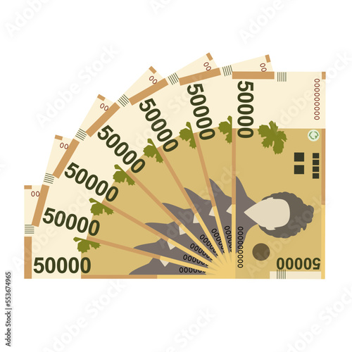 South Korean Won Vector Illustration. South Korea money set bundle banknotes. Paper money 50000 KRW. Flat style. Isolated on white background. Simple minimal design.